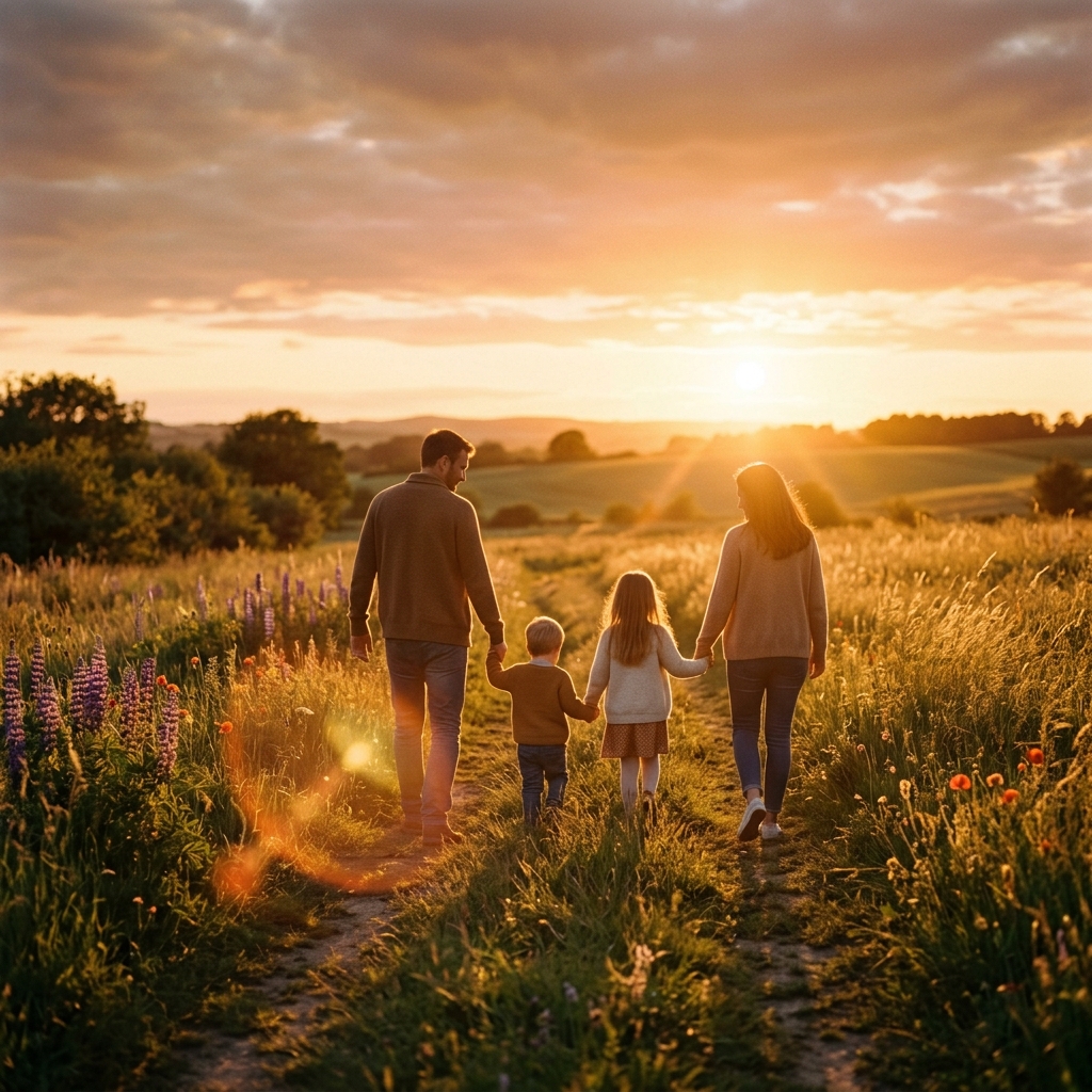 Silueta de familia unida y serena caminando bajo un atardecer cálido - Previsión Familiar Cristo Rey